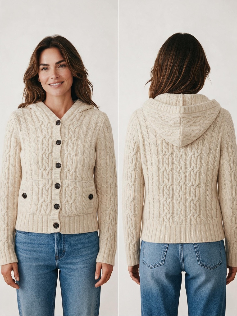 GAP 100% Lambswool Cable Knit Hooded Cardigan Sweater Cream Beige M Fall Winter